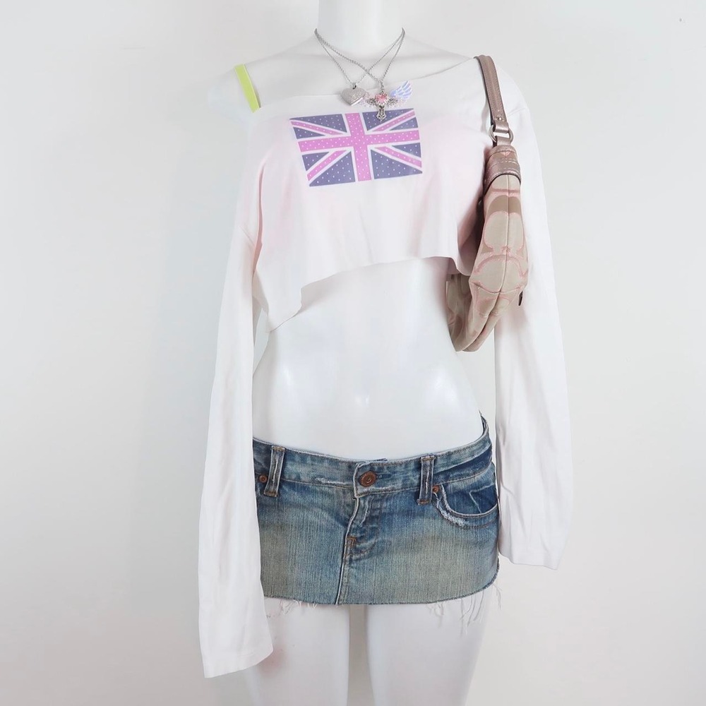 y2k union jack cropped long sleeve | 2000s pink british flag crop top